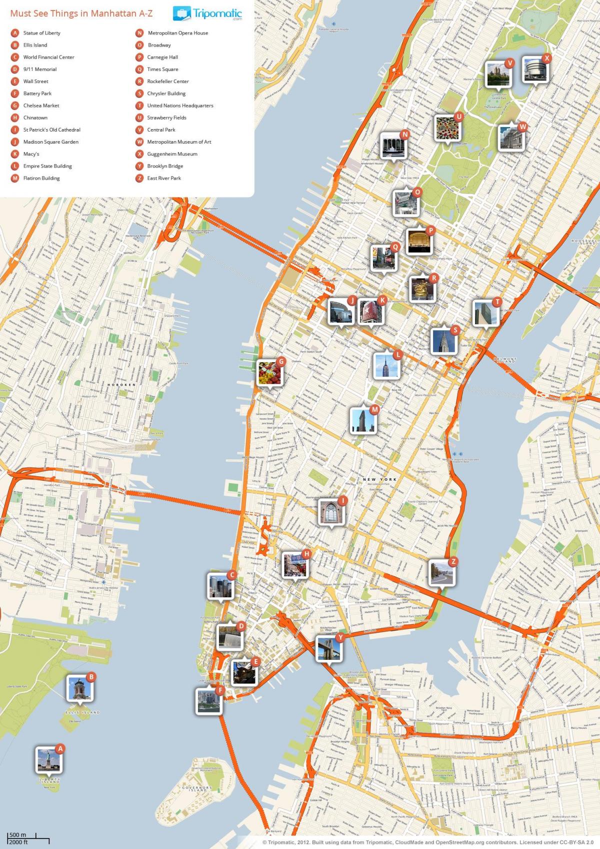 نقشه از منهتن نشان دادن جاذبه های توریستی
